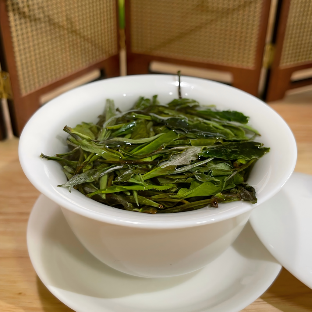 White Peony tea — one bud with 1–2 leaves, shown both as dried leaf and unfurling in hot water.