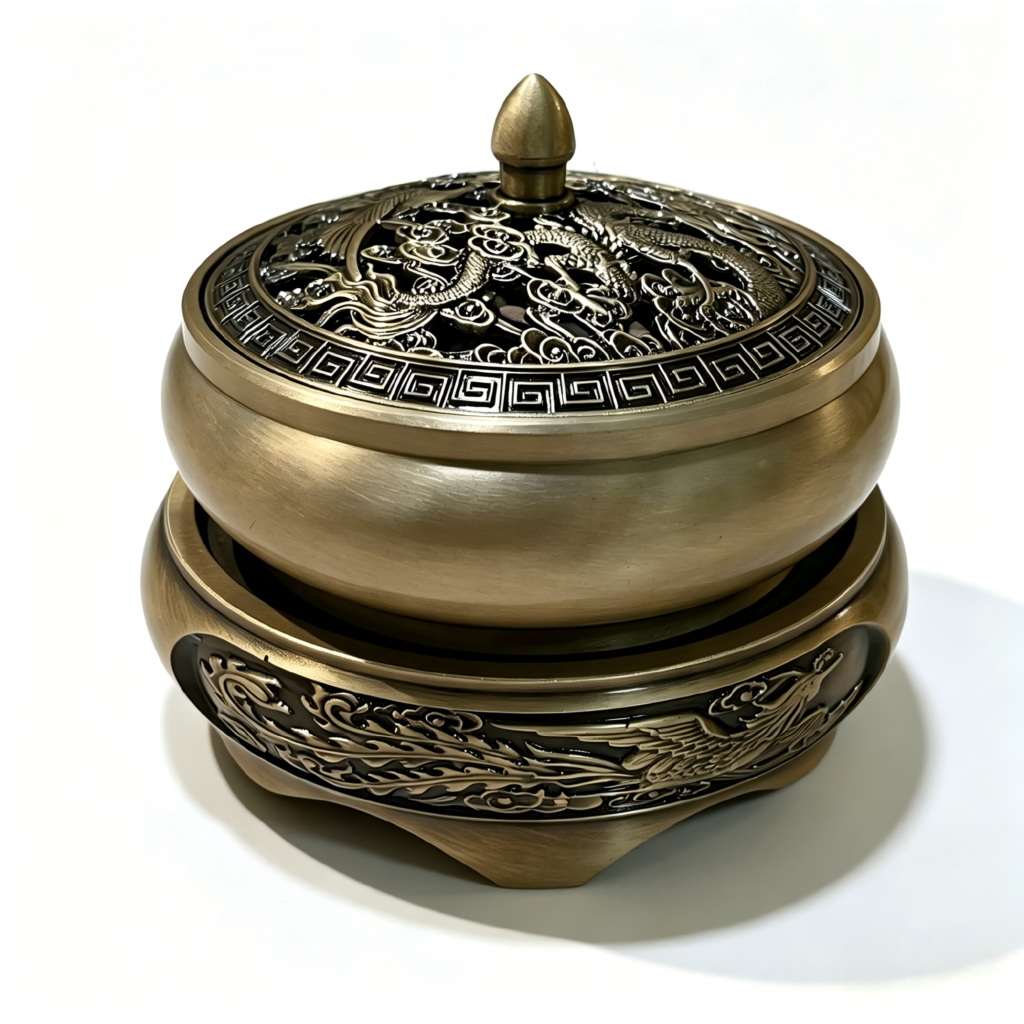 Close-up detail of a Chinese traditional incense burner showing hand-burnished Dragon and Phoenix motifs with a high-contrast blackened relief patina.