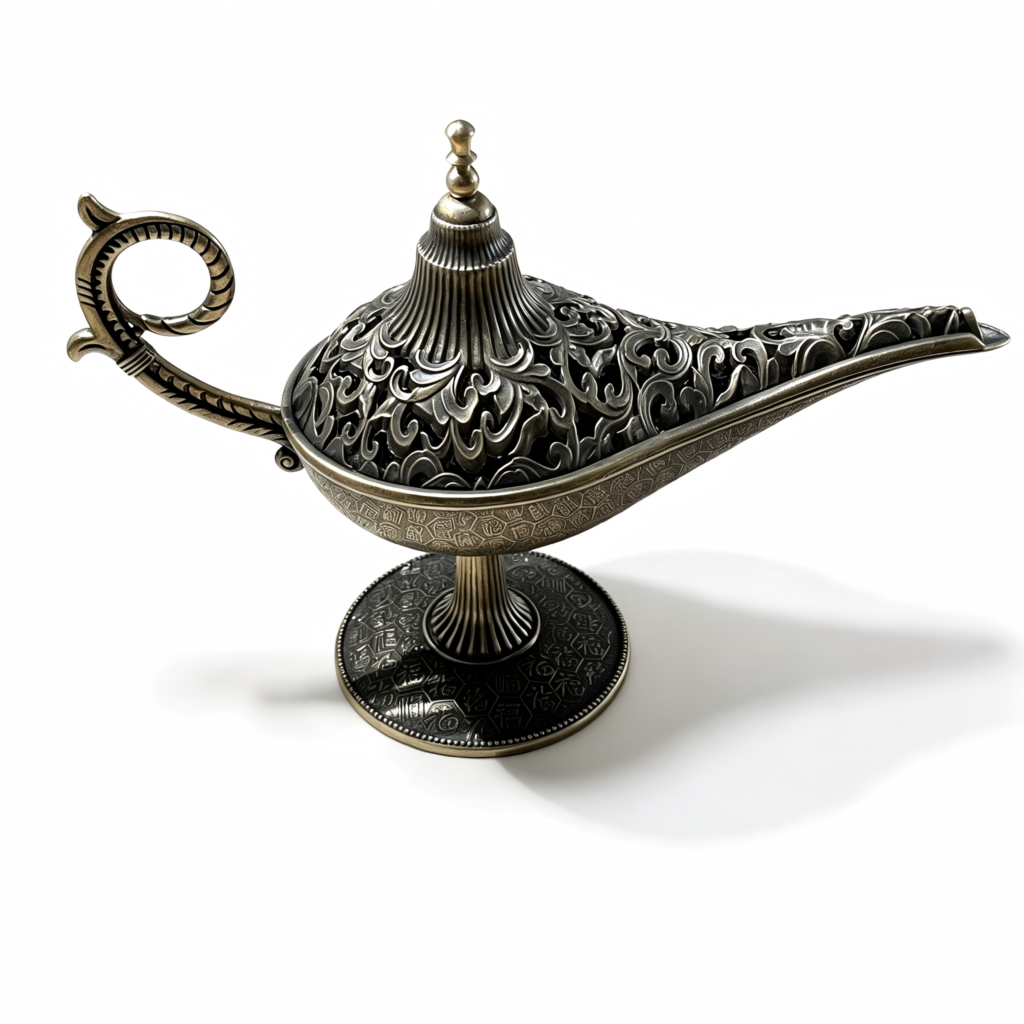 A handcrafted antique bronze Aladdin lamp incense burner with an ajar filigree lid revealing an unlit incense coil nestled on an ash bed, set on a seamless white background with a soft shadow.