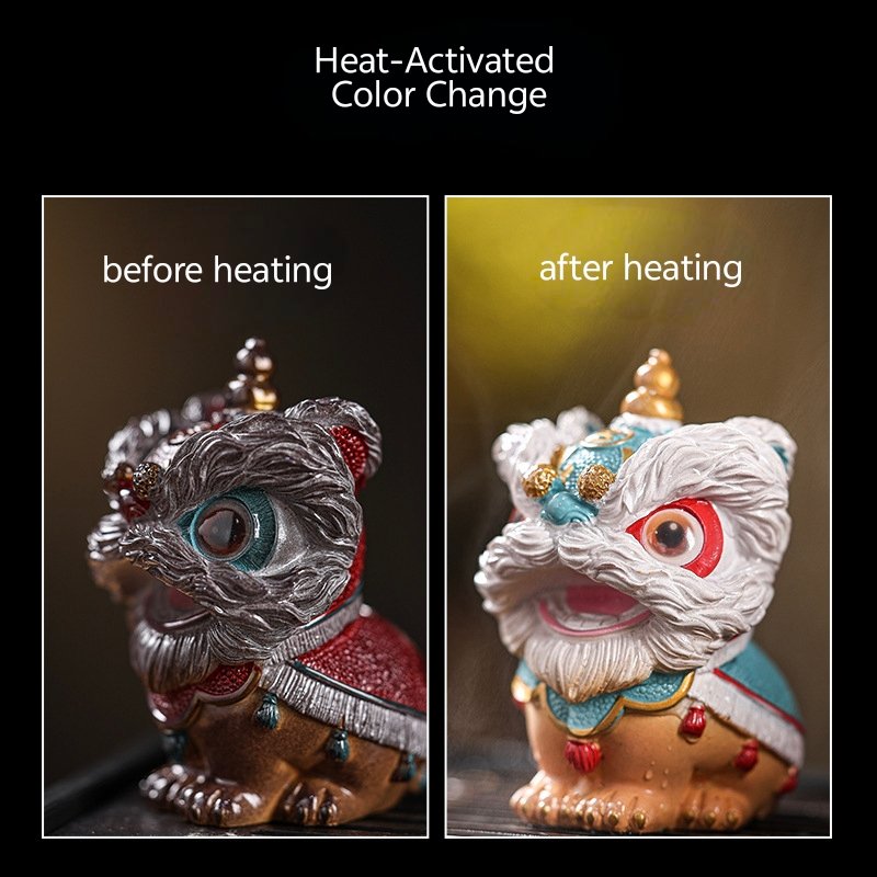 Before and after heating comparison chart of a thermochromic lion dance tea pet shifting from metallic brown to colorful white and teal