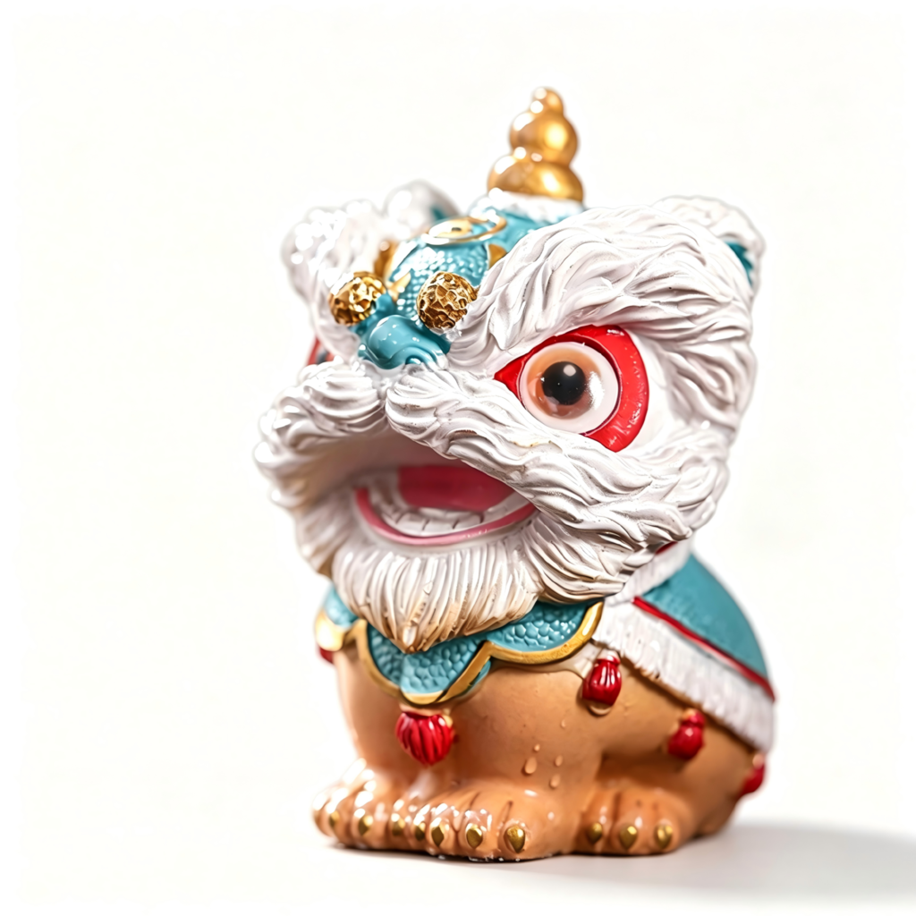 Heat-activated color-changing tea pet in the shape of a traditional Chinese awakened lion with white, teal, and gold details
