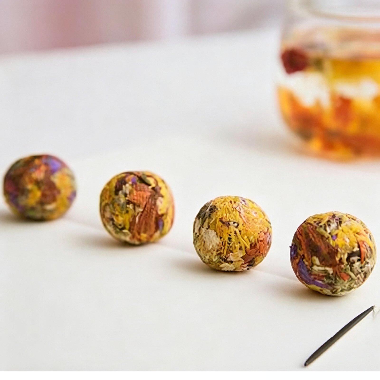Vibrant Hundred Flowers herbal tea blend blooming in a glass teapot