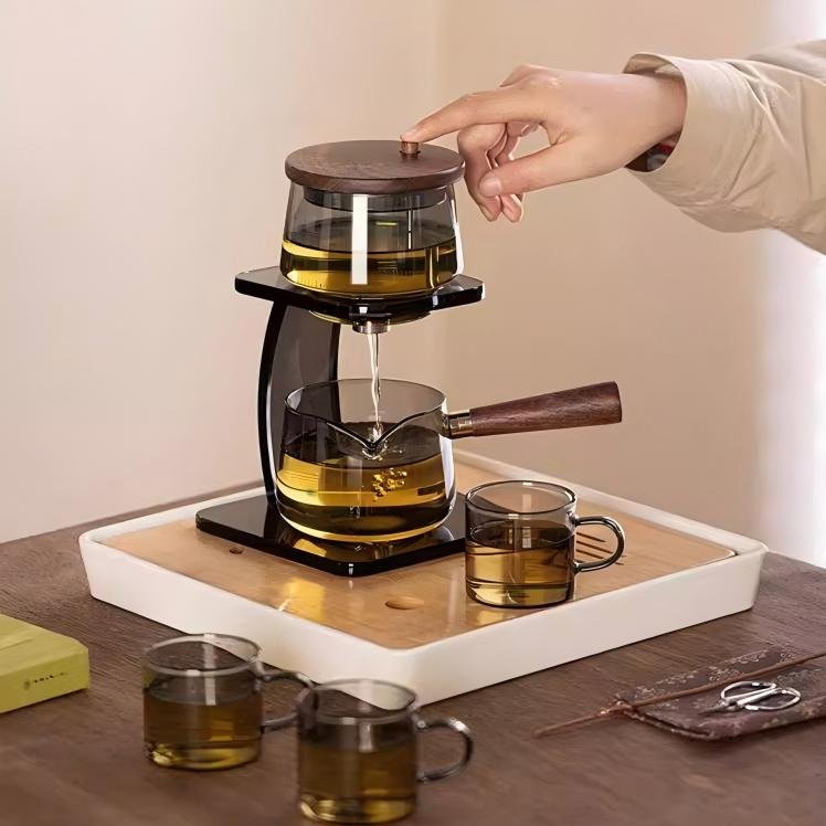 Stunning 9-Piece Minimalist Automatic Glass Tea Set with Side Handle Pitcher | Modern Gongfu tea set - Image 3