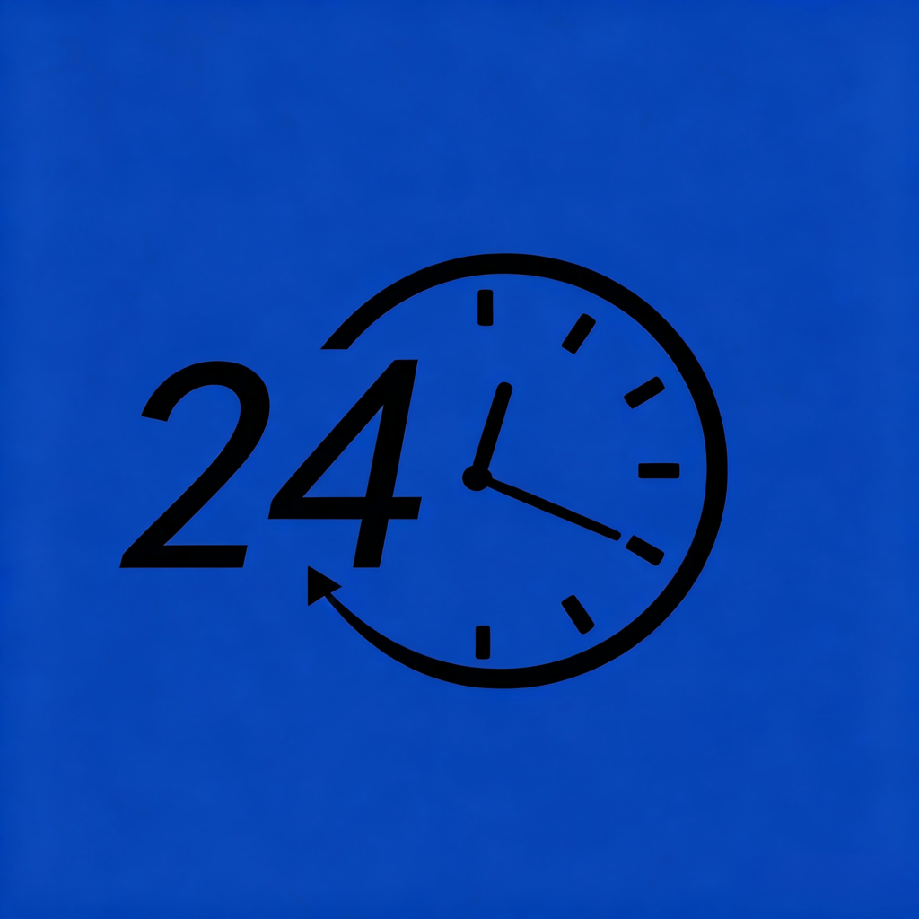 a stylized 24/7 clock badge.