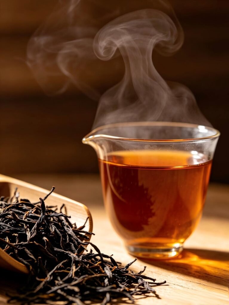 A steaming cup of brewed black tea next to loose leaves on a wooden table.