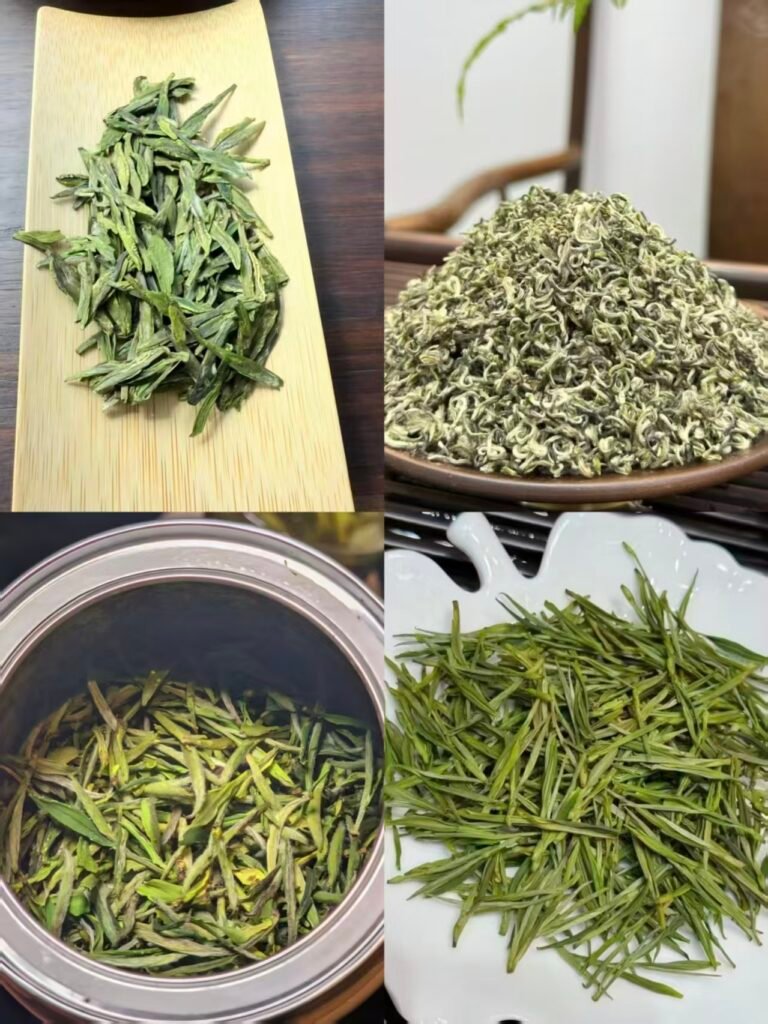 Comparison of premium Chinese loose leaf green tea varieties including flat Longjing and curly Bi Luo Chun.