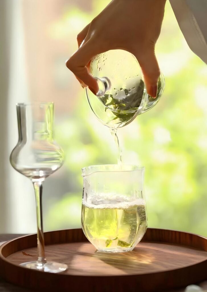 Freshly brewed green tea pouring into a glass teacup at 80 degrees Celsius, highlighting the pale, clear liquor.