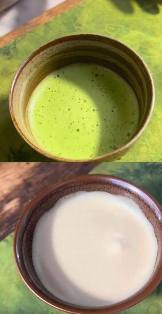 A whisked matcha bowl beside a Chinese porcelain tea cup, illustrating the cultural fork between two tea traditions