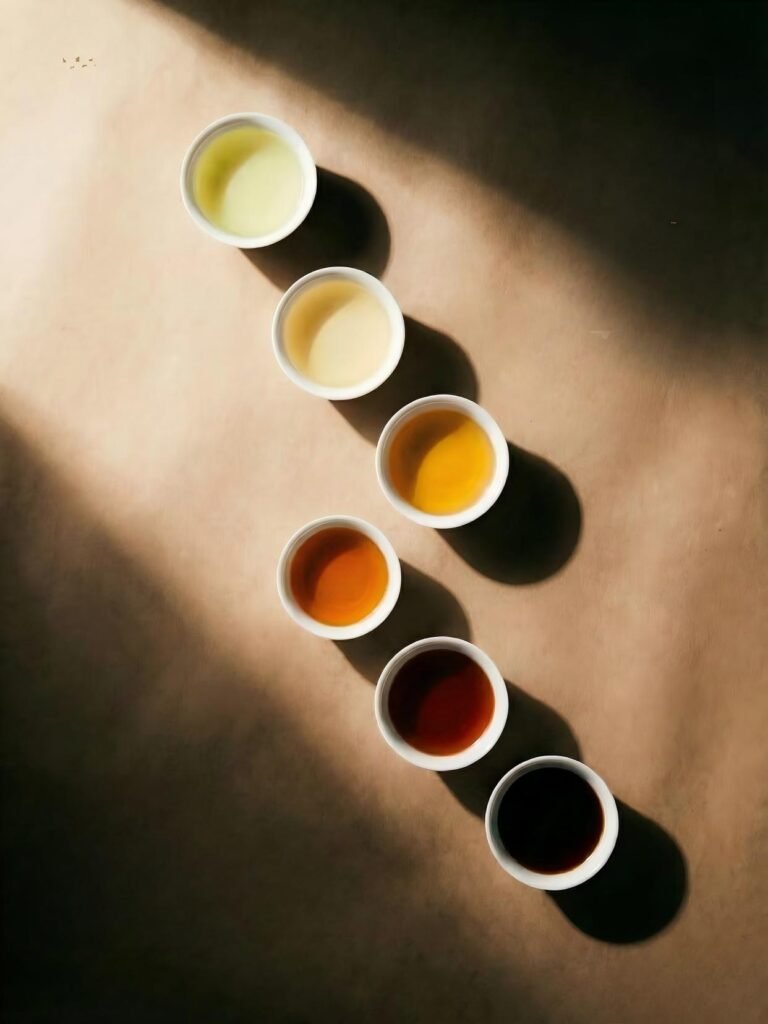 A flat-lay comparison of the six major categories of Chinese tea: green, yellow, white, oolong, red, and dark