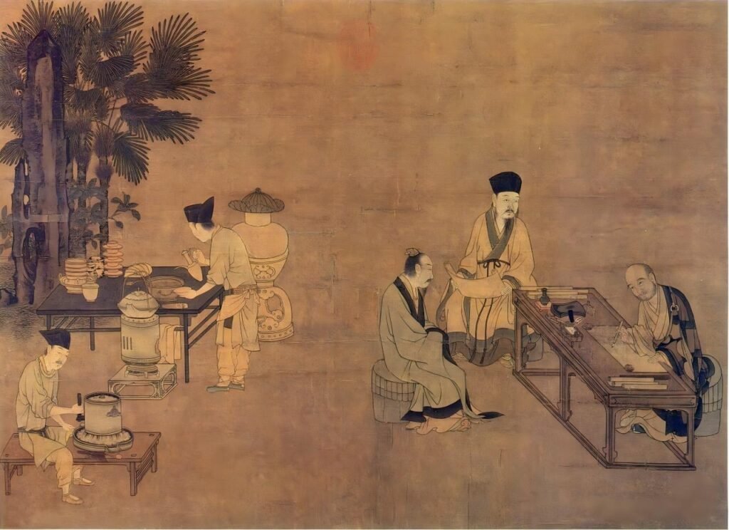 A Song dynasty painting depicting scholars competing in dou cha, the art of tea fighting