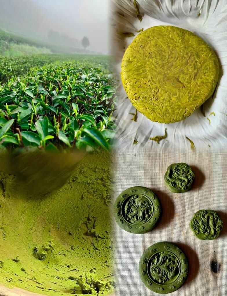 A reconstruction of a Tang dynasty compressed tea cake made from steam-fixed leaves pounded into a paste