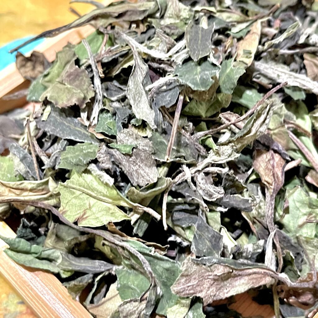 Loose leaf 2026 Fuding Shoumei white tea displayed on a woven bamboo tray.